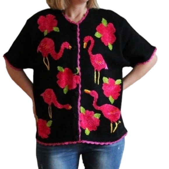 Vtg. Pink flamingos flowers beaded/sequined Black knit short sleeve cardigan XL - Picture 10 of 12